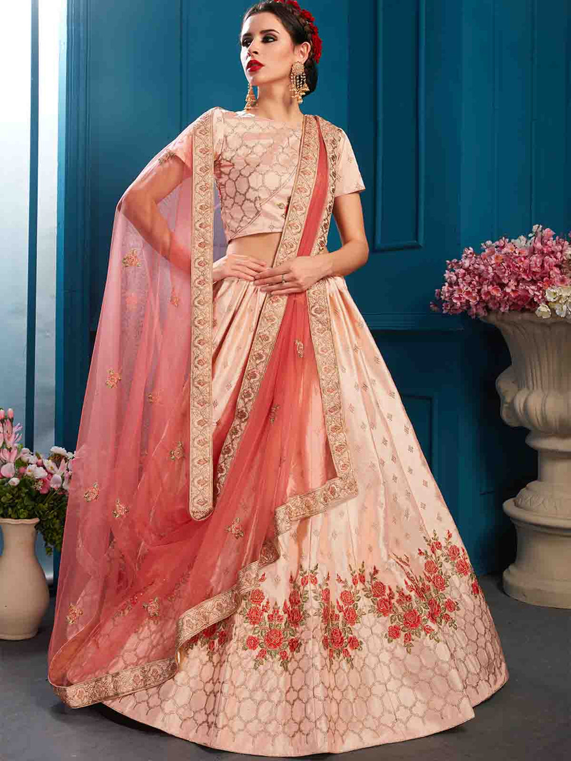 Peach Designer Semi Stitched Lehenga With Unstitched Blouse