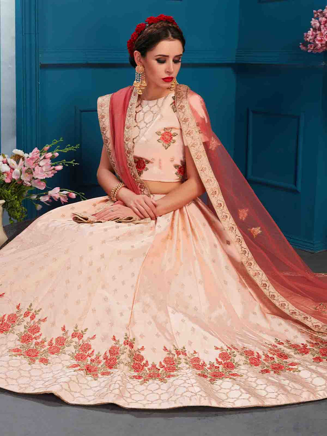 Peach Designer Semi Stitched Lehenga With Unstitched Blouse