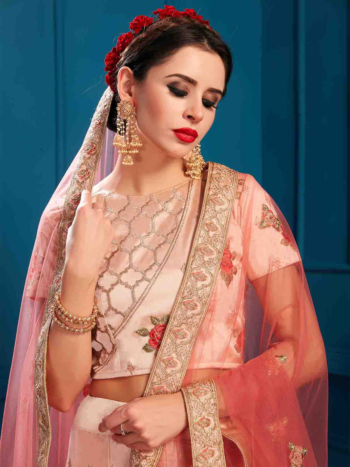 Peach Designer Semi Stitched Lehenga With Unstitched Blouse