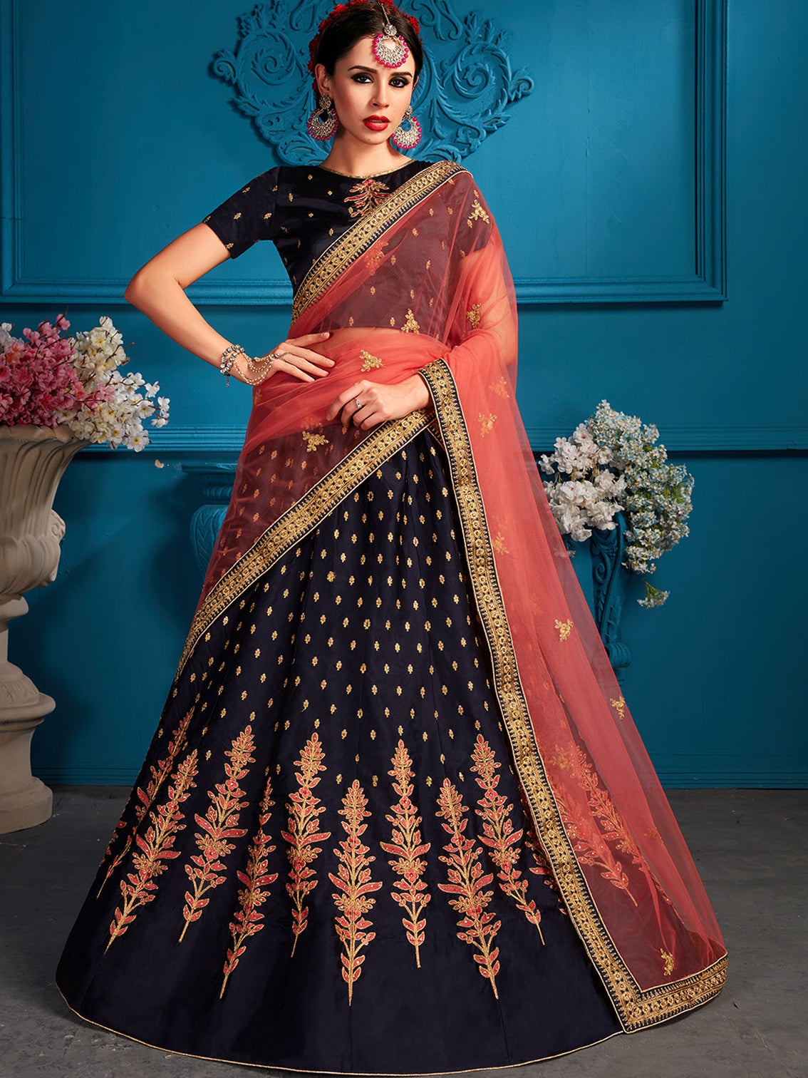 Dark Blue Sequins Semi Stitched Lehenga With Unstitched Blouse