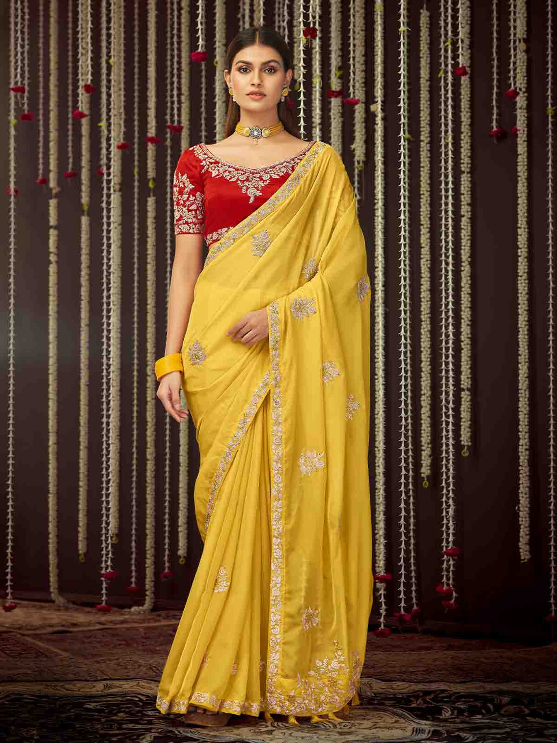 Yellow Organza Embroidered Saree With Unstitched Blouse