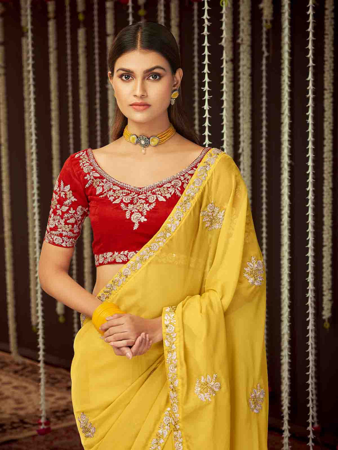 Yellow Organza Embroidered Saree With Unstitched Blouse