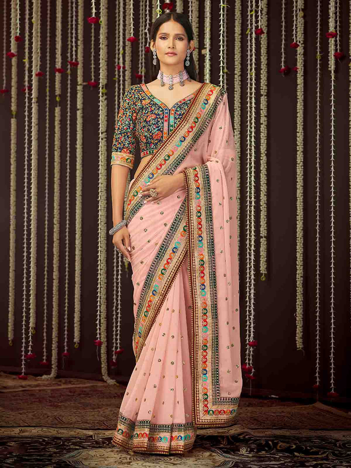 Pink Georgette Embroidered Saree With Unstitched Blouse