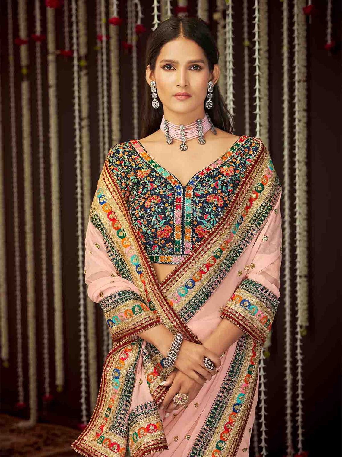 Pink Georgette Embroidered Saree With Unstitched Blouse
