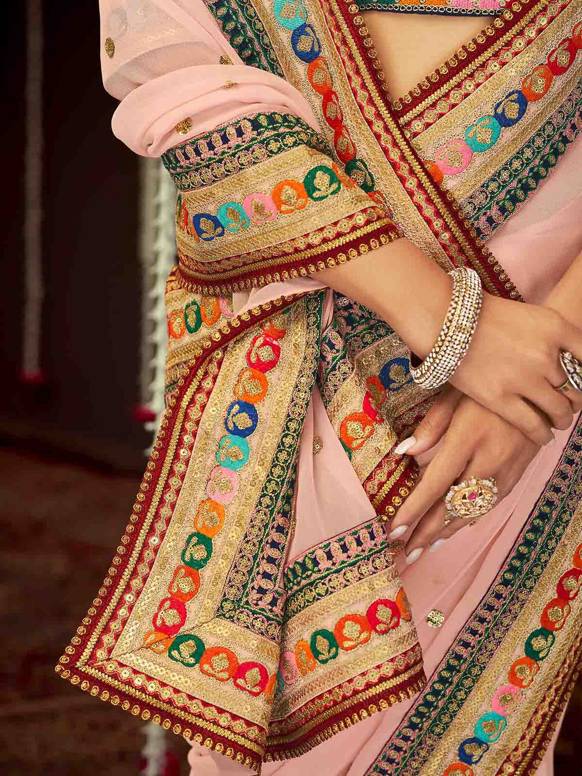 Pink Georgette Embroidered Saree With Unstitched Blouse