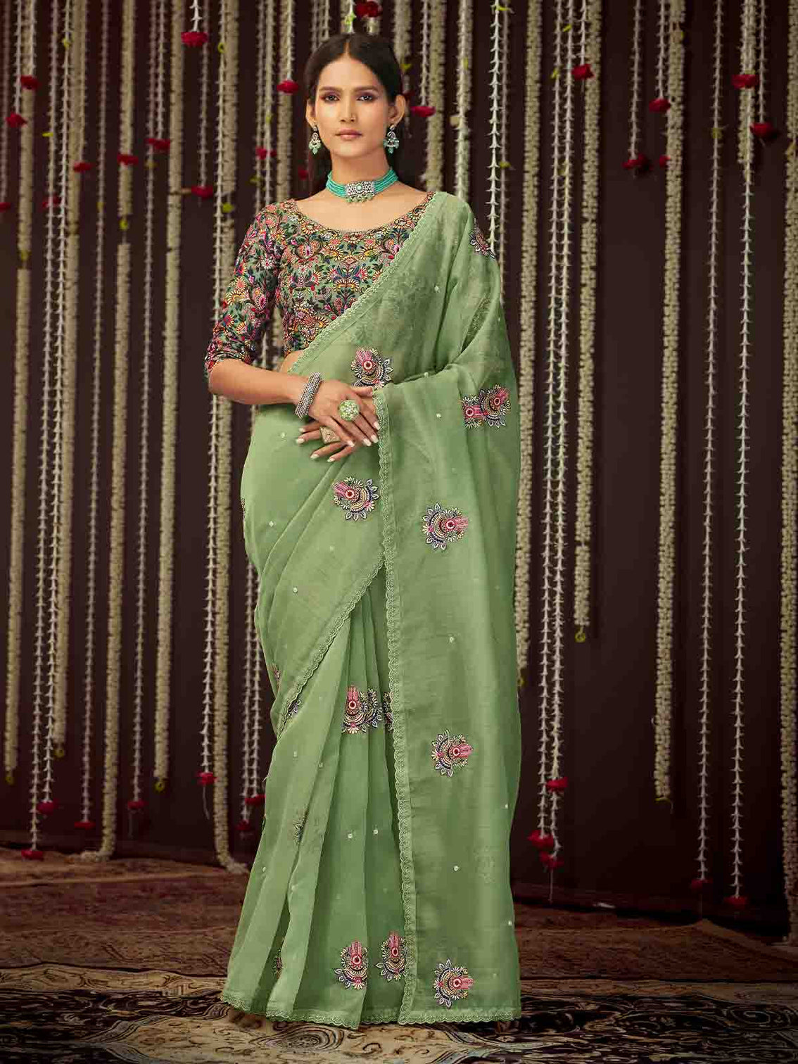 Green Organza Embroidered Saree With Unstitched Blouse