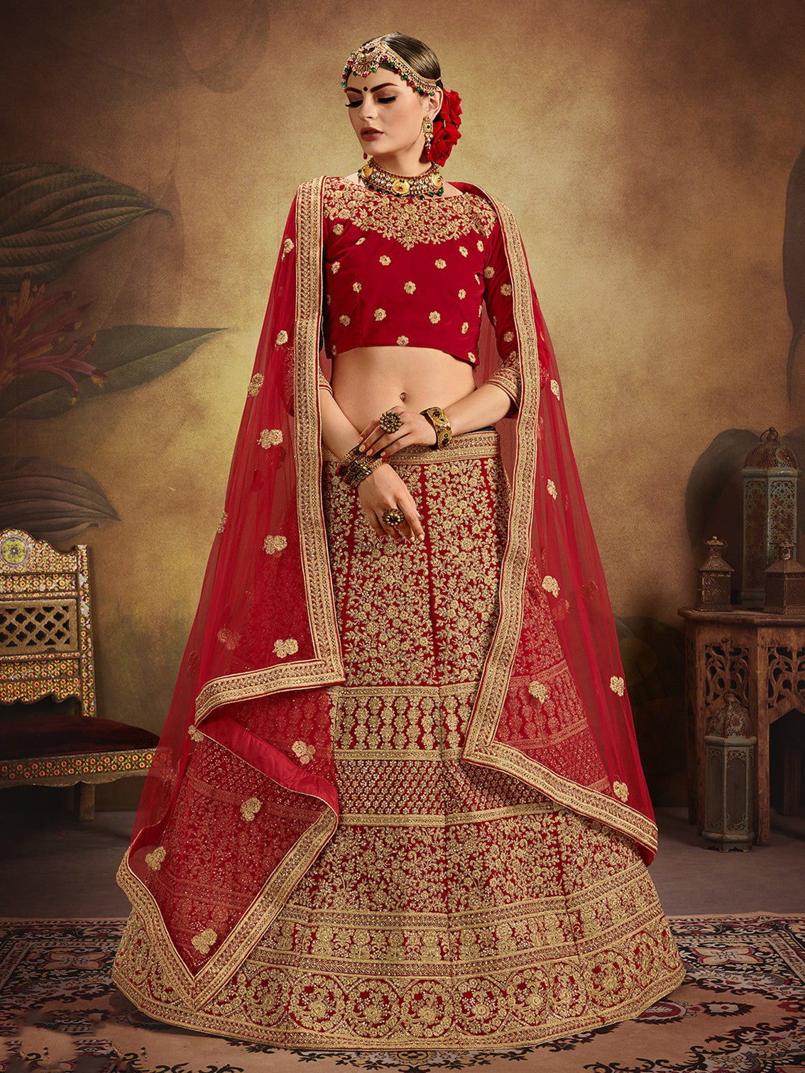 Red Elegant  Semi Stitched Lehenga With  Unstitched Blouse