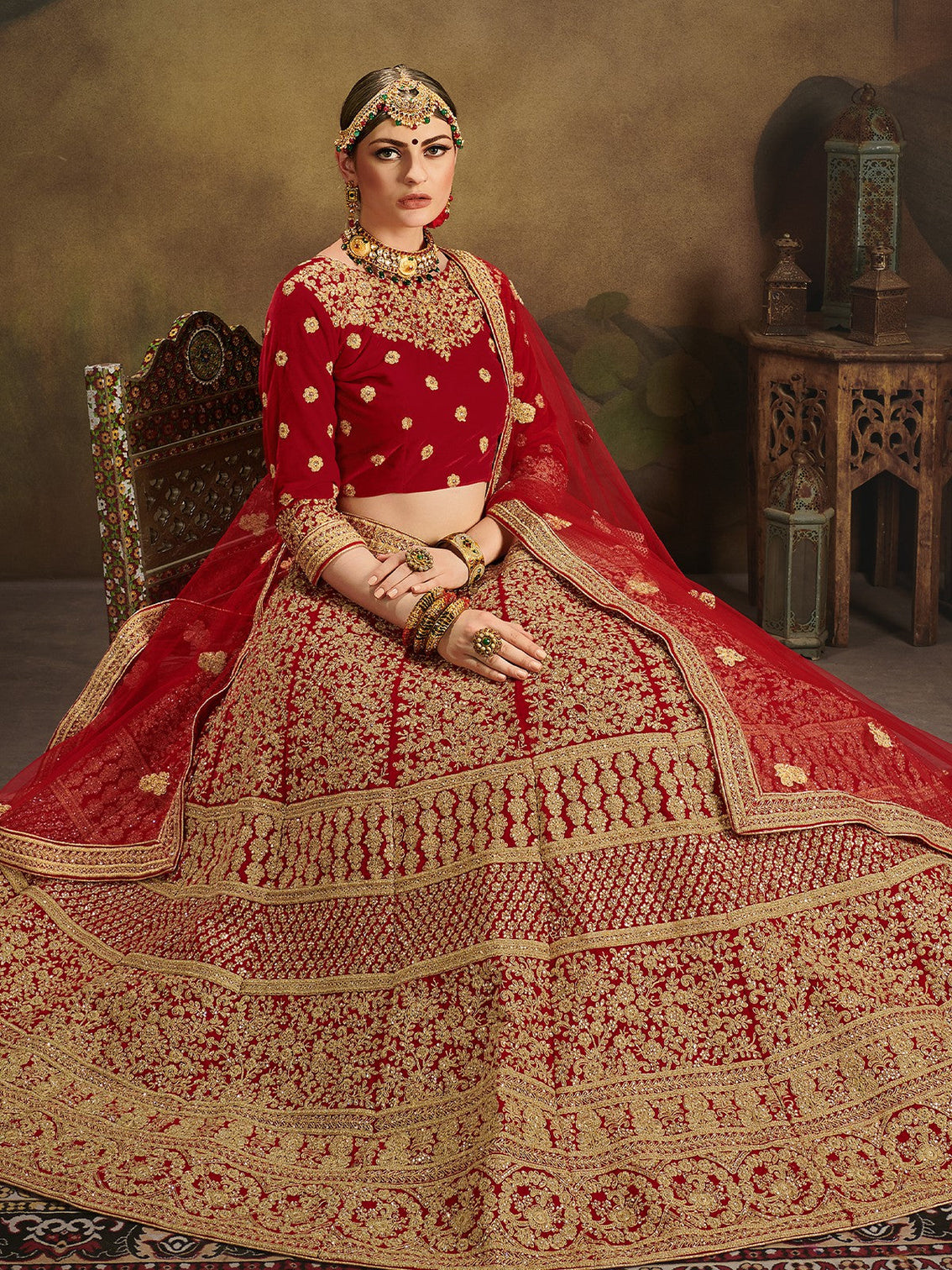 Red Elegant  Semi Stitched Lehenga With  Unstitched Blouse