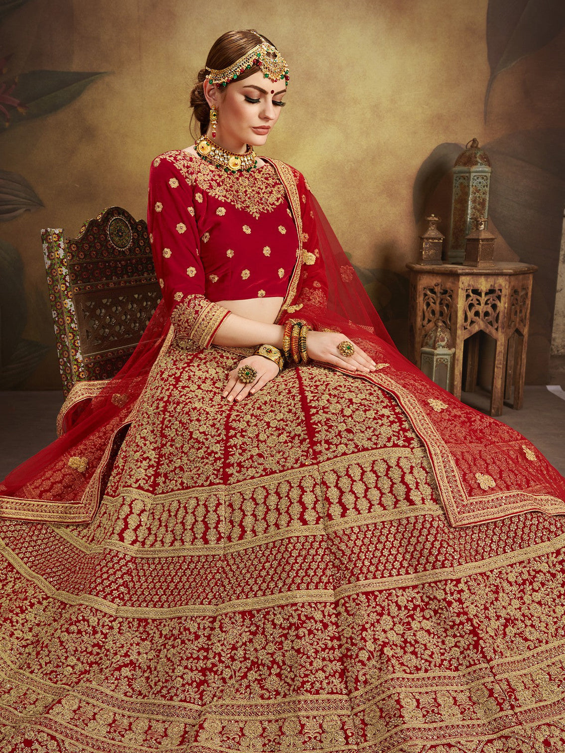 Red Elegant  Semi Stitched Lehenga With  Unstitched Blouse