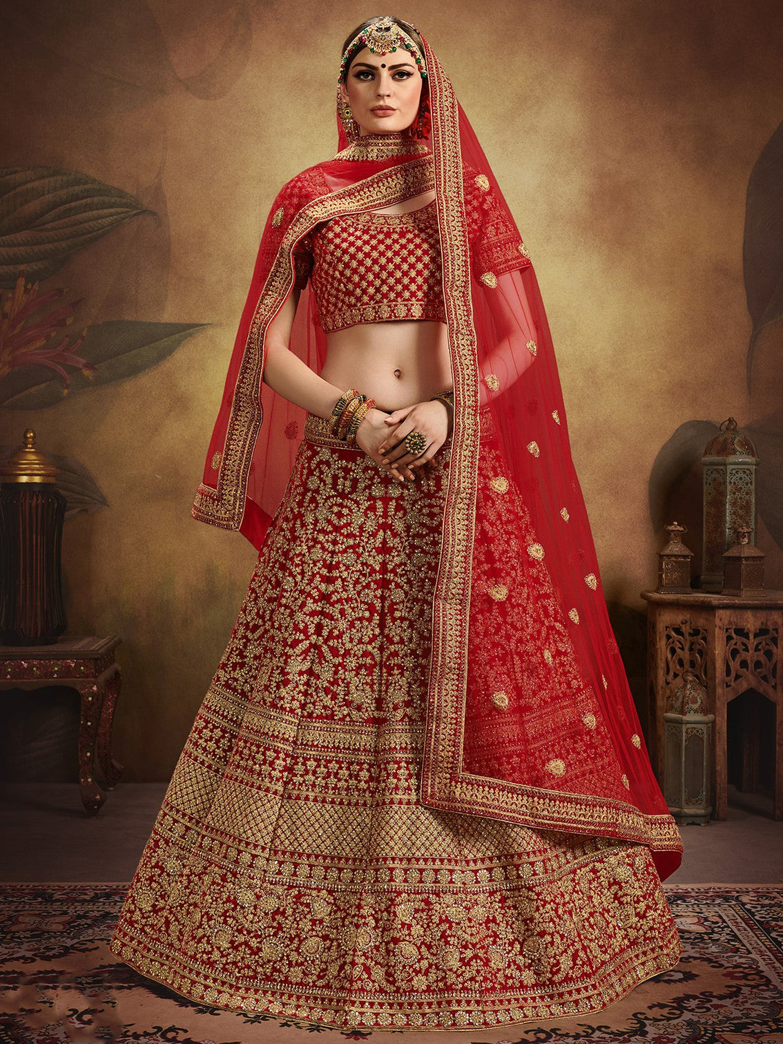 Red Elegant  Semi Stitched Lehenga With  Unstitched Blouse