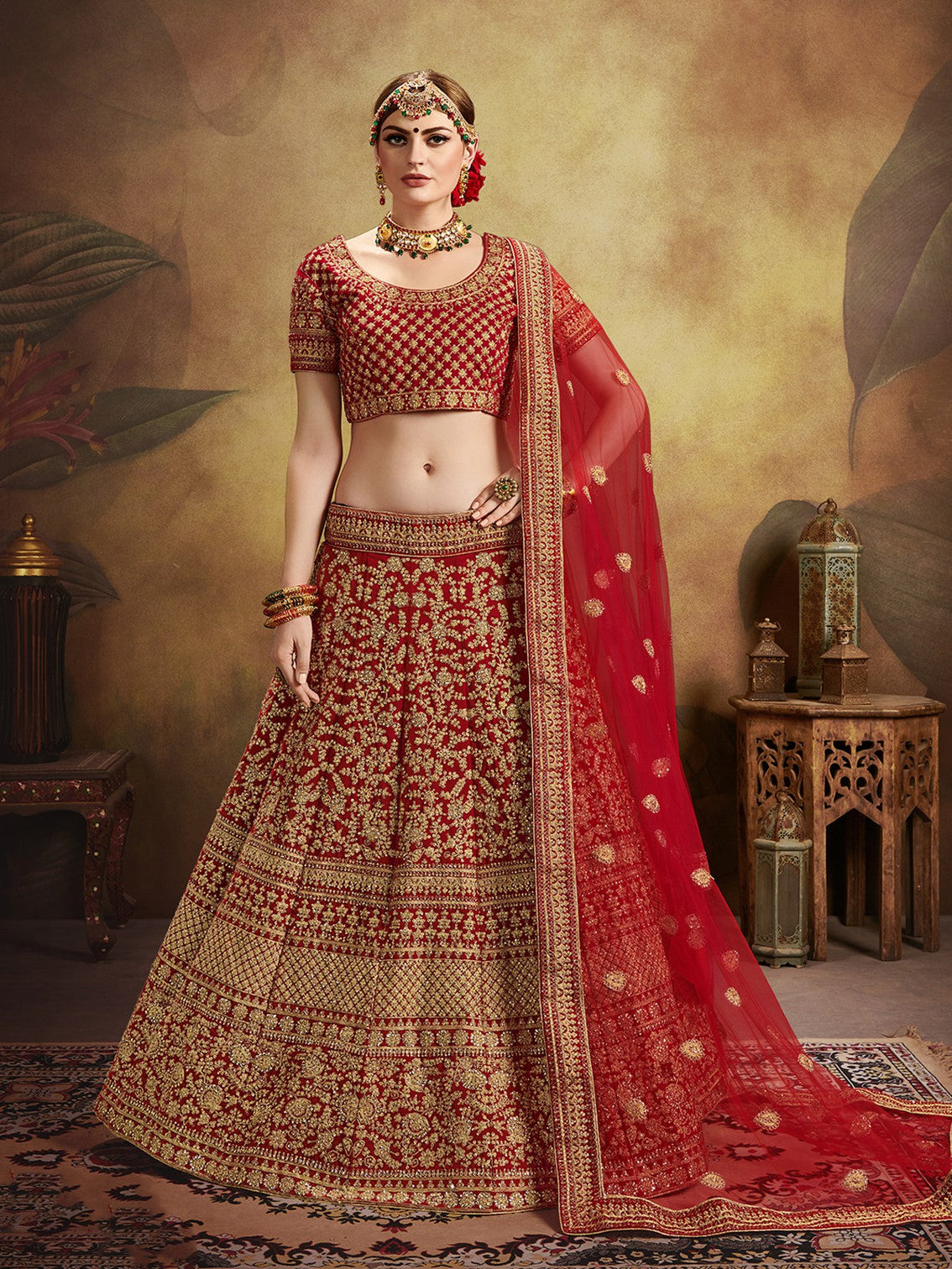 Red Elegant  Semi Stitched Lehenga With  Unstitched Blouse