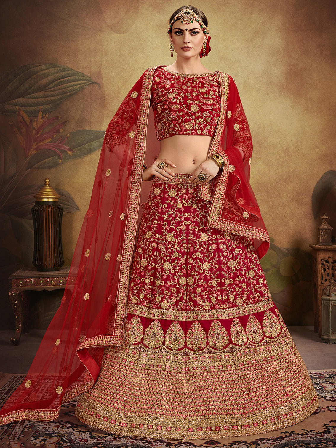 Red Elegant  Semi Stitched Lehenga With  Unstitched Blouse