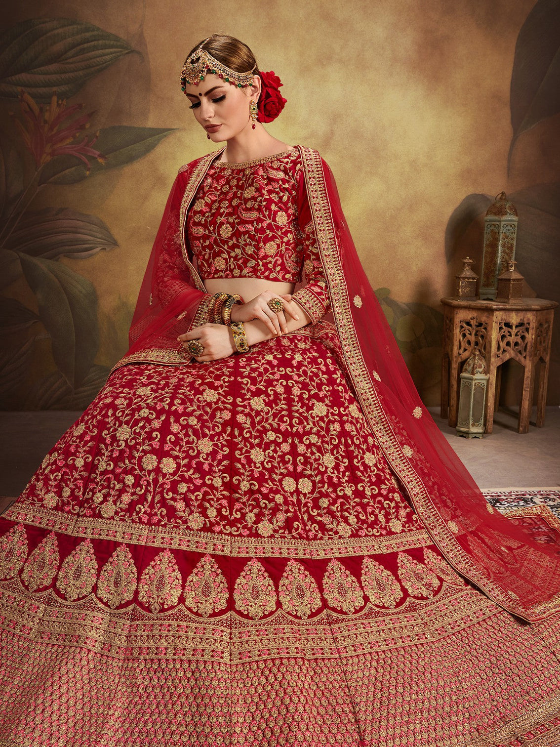 Red Elegant  Semi Stitched Lehenga With  Unstitched Blouse