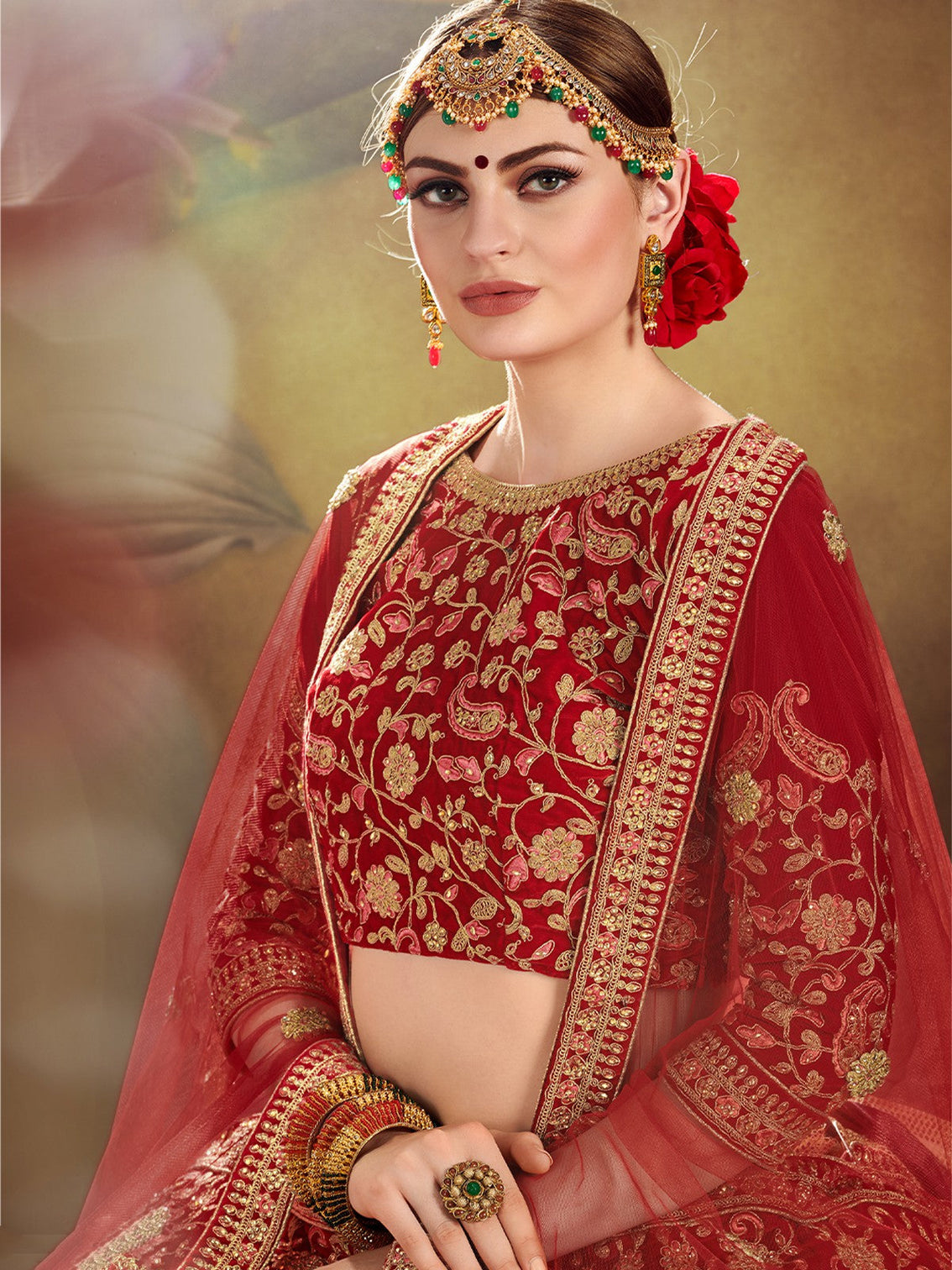 Red Elegant  Semi Stitched Lehenga With  Unstitched Blouse