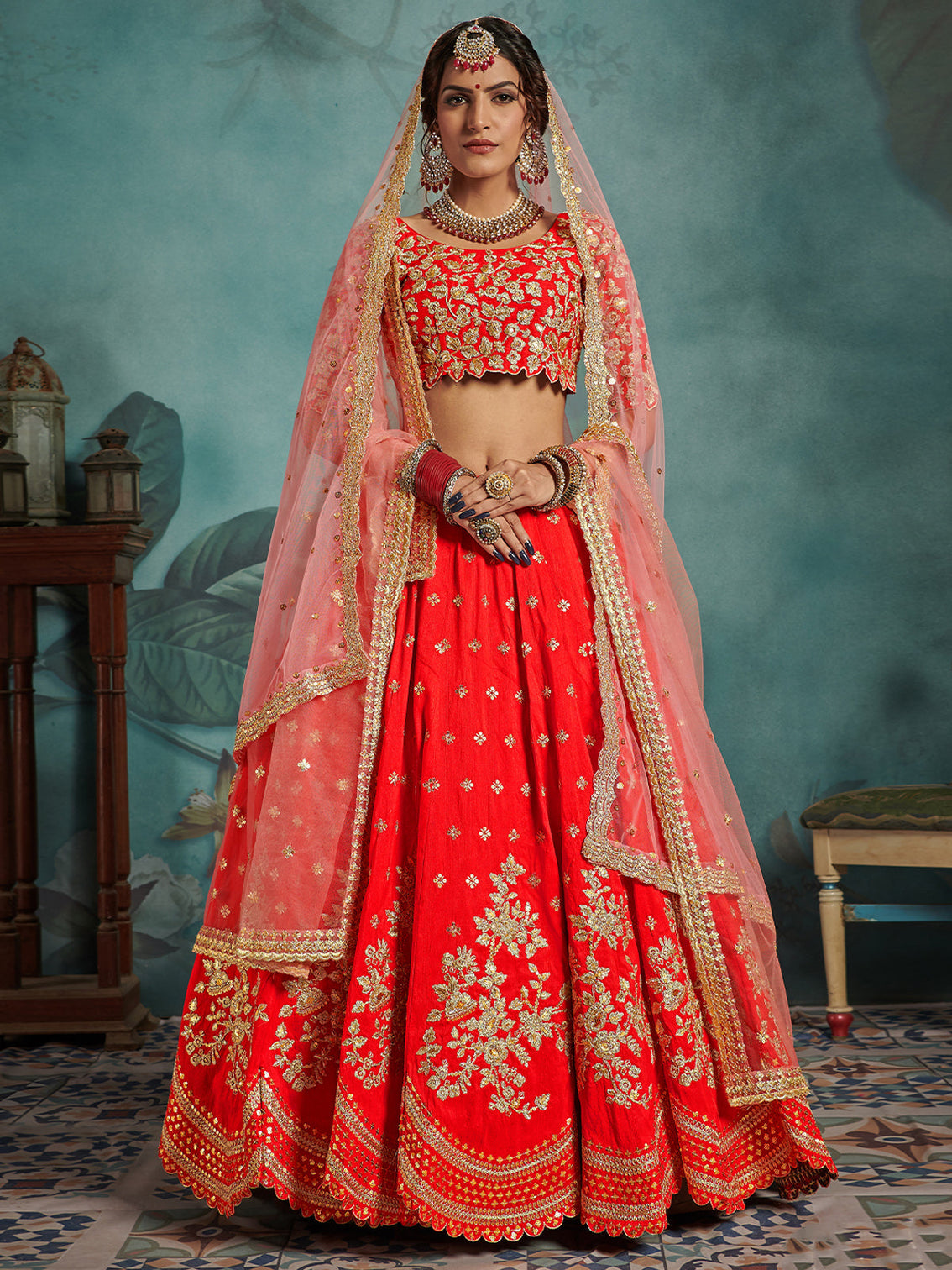 Red Elegant Semi Stitched Lehenga With Unstitched Blouse