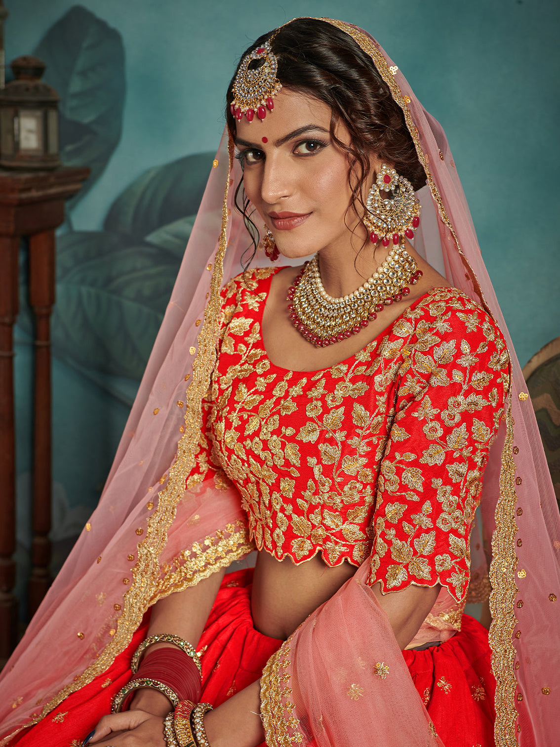 Red Elegant Semi Stitched Lehenga With Unstitched Blouse