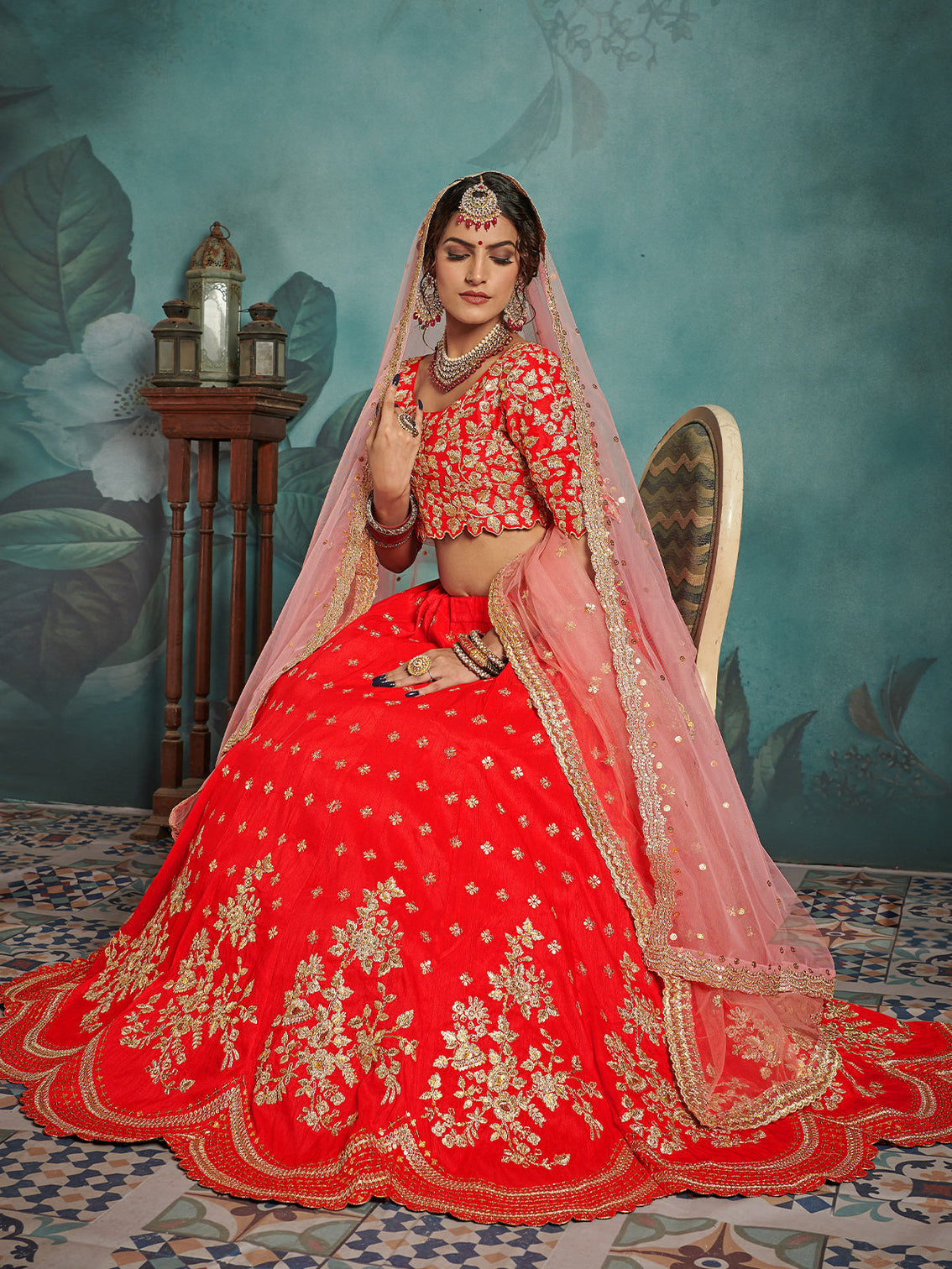 Red Elegant Semi Stitched Lehenga With Unstitched Blouse