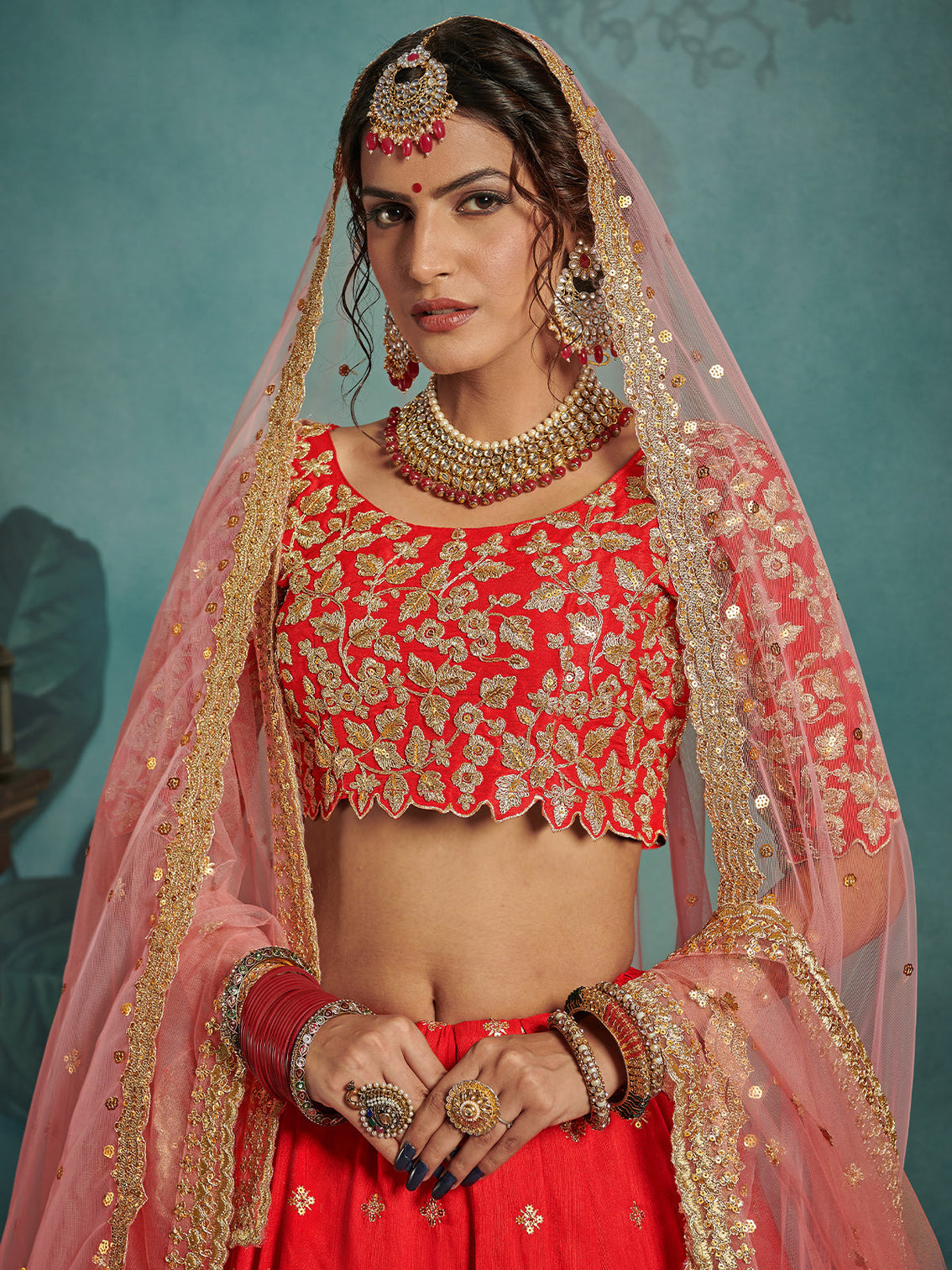 Red Elegant Semi Stitched Lehenga With Unstitched Blouse
