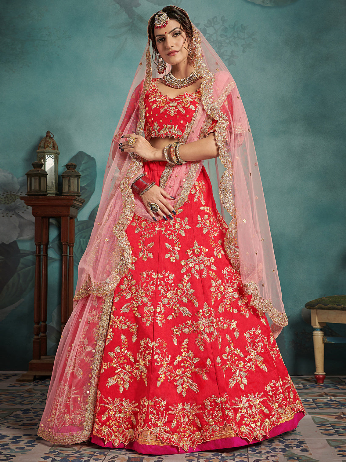 Semi Stitched Red Art Silk Semi Stitched Lehenga With Unstitched Blouse