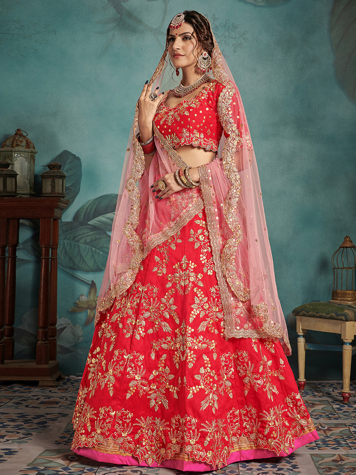 Semi Stitched Red Art Silk Semi Stitched Lehenga With Unstitched Blouse