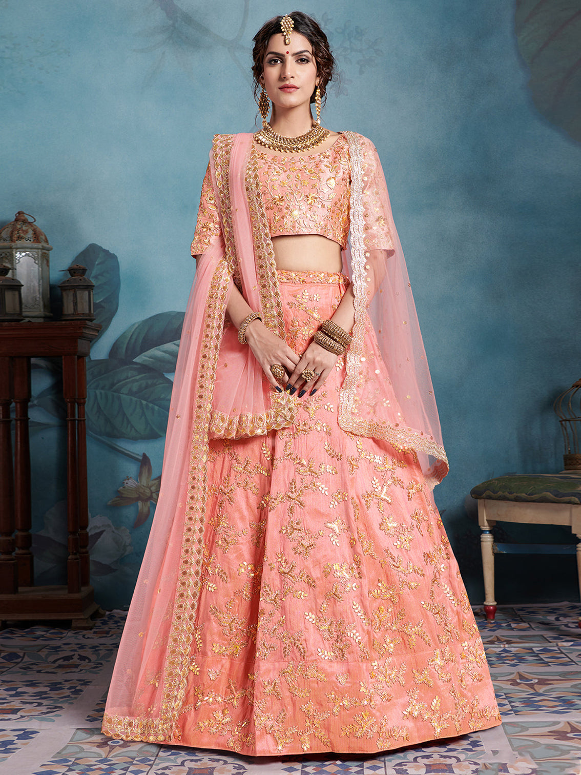 Peach Elegant Semi Stitched Lehenga With Unstitched Blouse