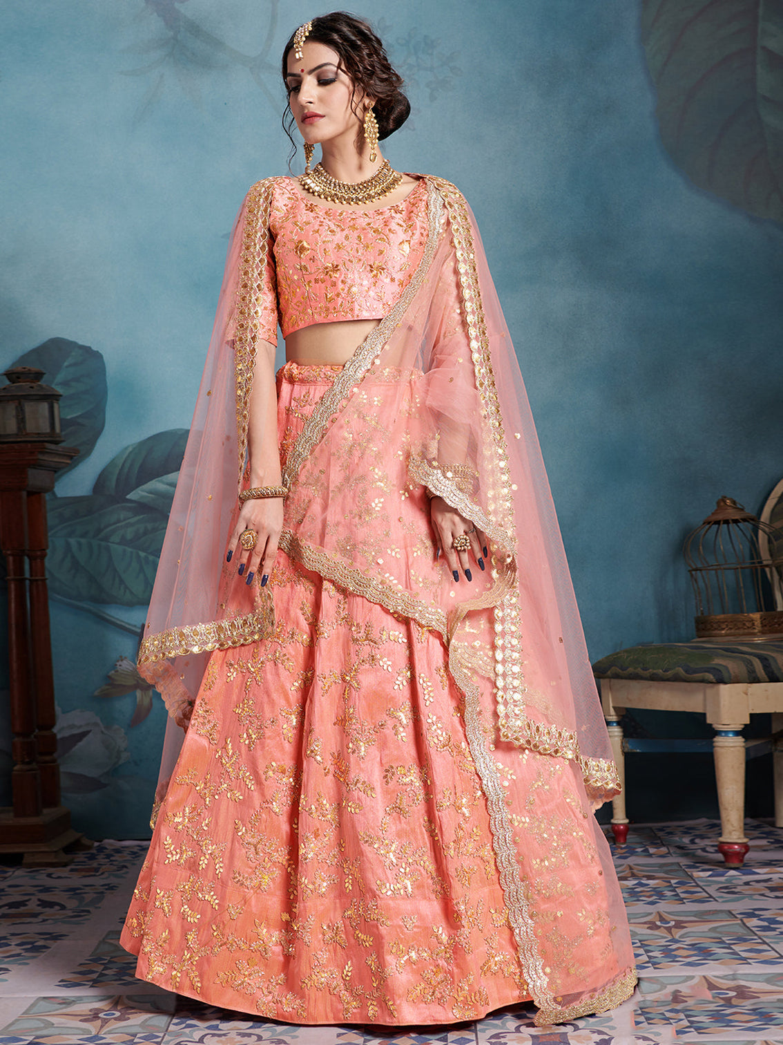 Peach Elegant Semi Stitched Lehenga With Unstitched Blouse