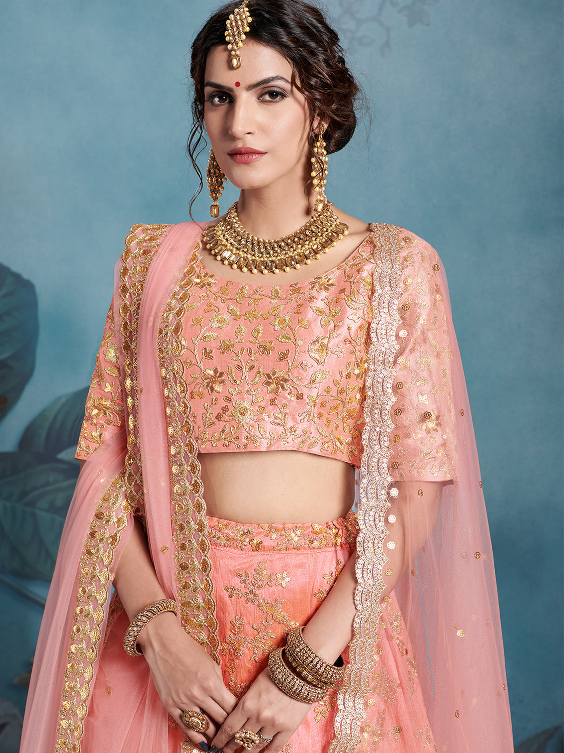 Peach Elegant Semi Stitched Lehenga With Unstitched Blouse