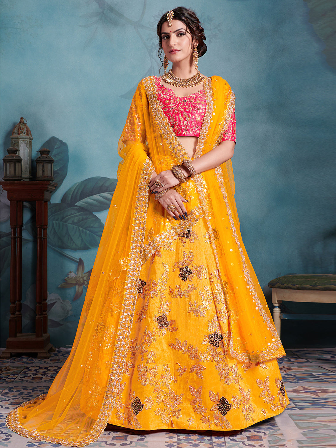 Designer Yellow Soft Net Semi Stitched Lehenga With Unstitched Blouse