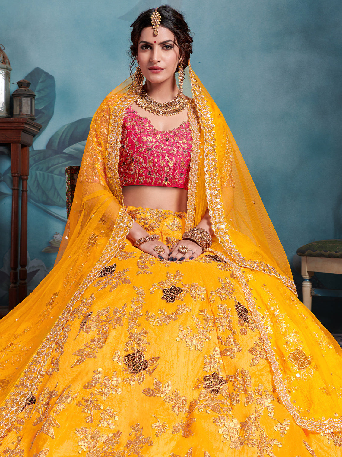 Designer Yellow Soft Net Semi Stitched Lehenga With Unstitched Blouse