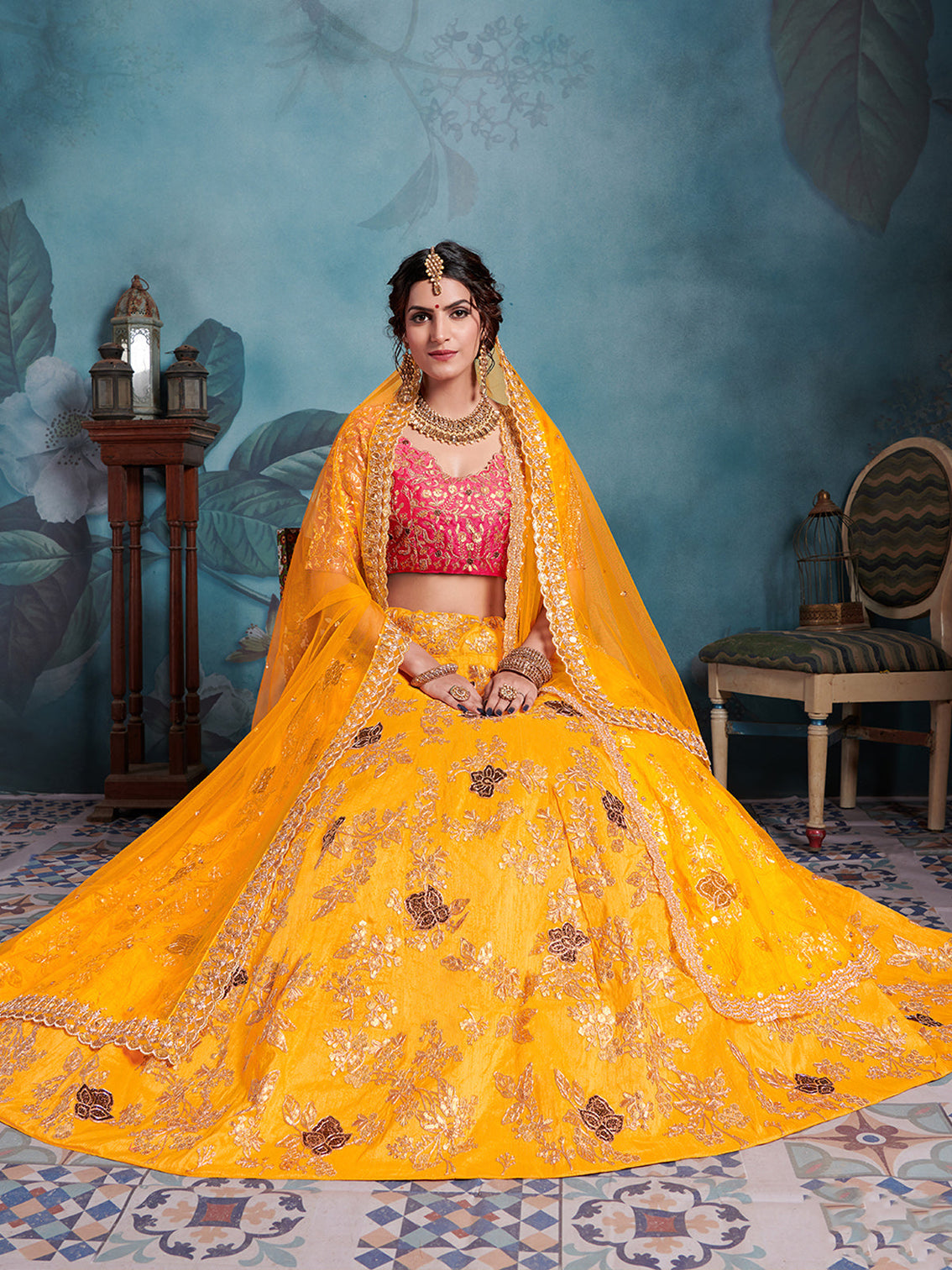 Designer Yellow Soft Net Semi Stitched Lehenga With Unstitched Blouse