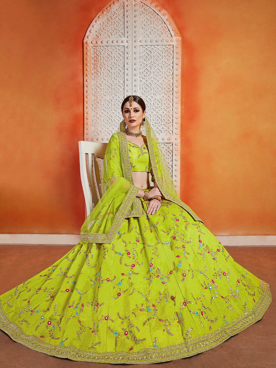 Green Sequins Sassy Semi Stitched Lehenga With Unstitched Blouse