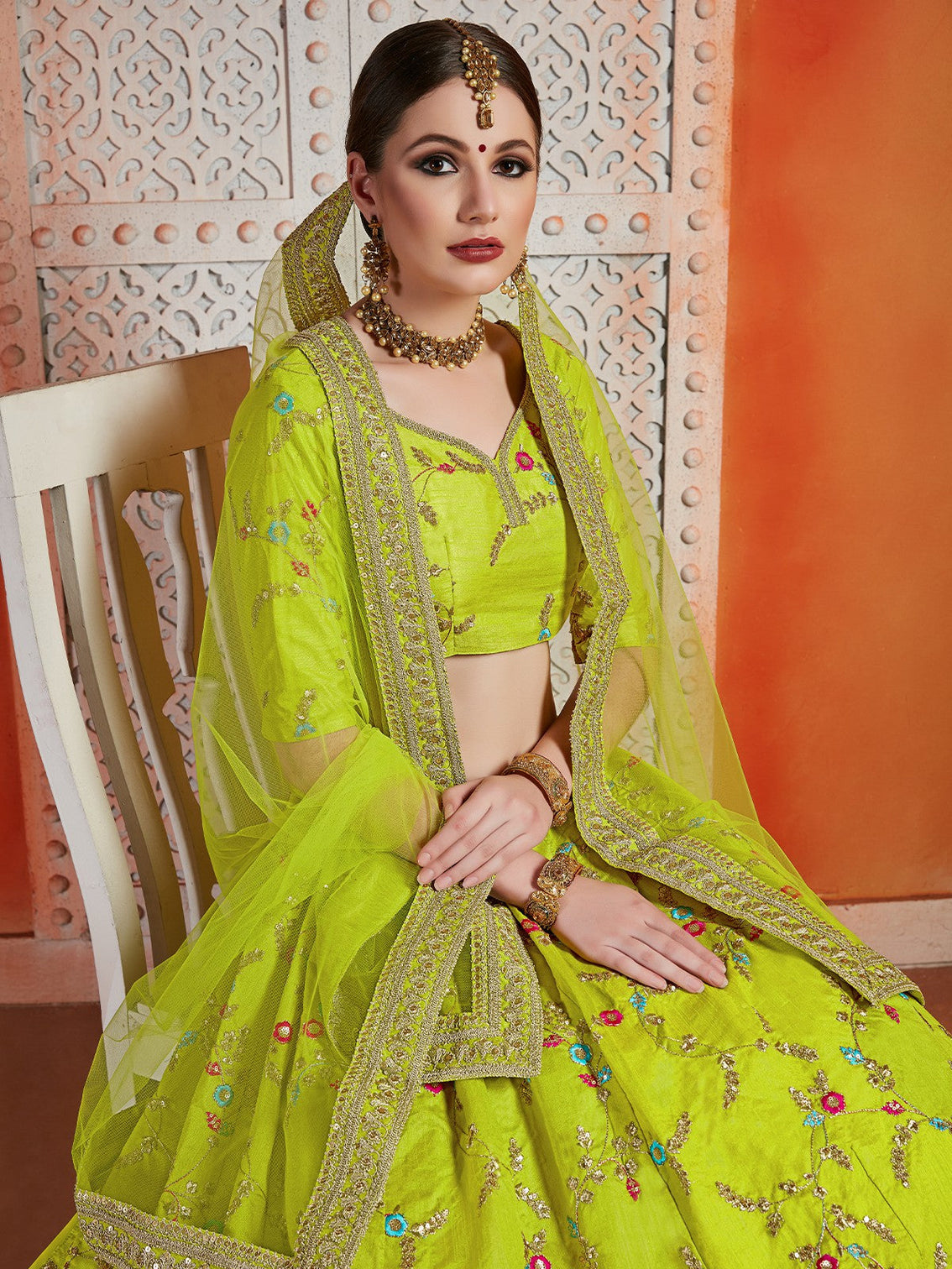Green Sequins Sassy Semi Stitched Lehenga With Unstitched Blouse