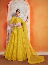 Designer Yellow Art Silk Semi Stitched Lehenga With Unstitched Blouse