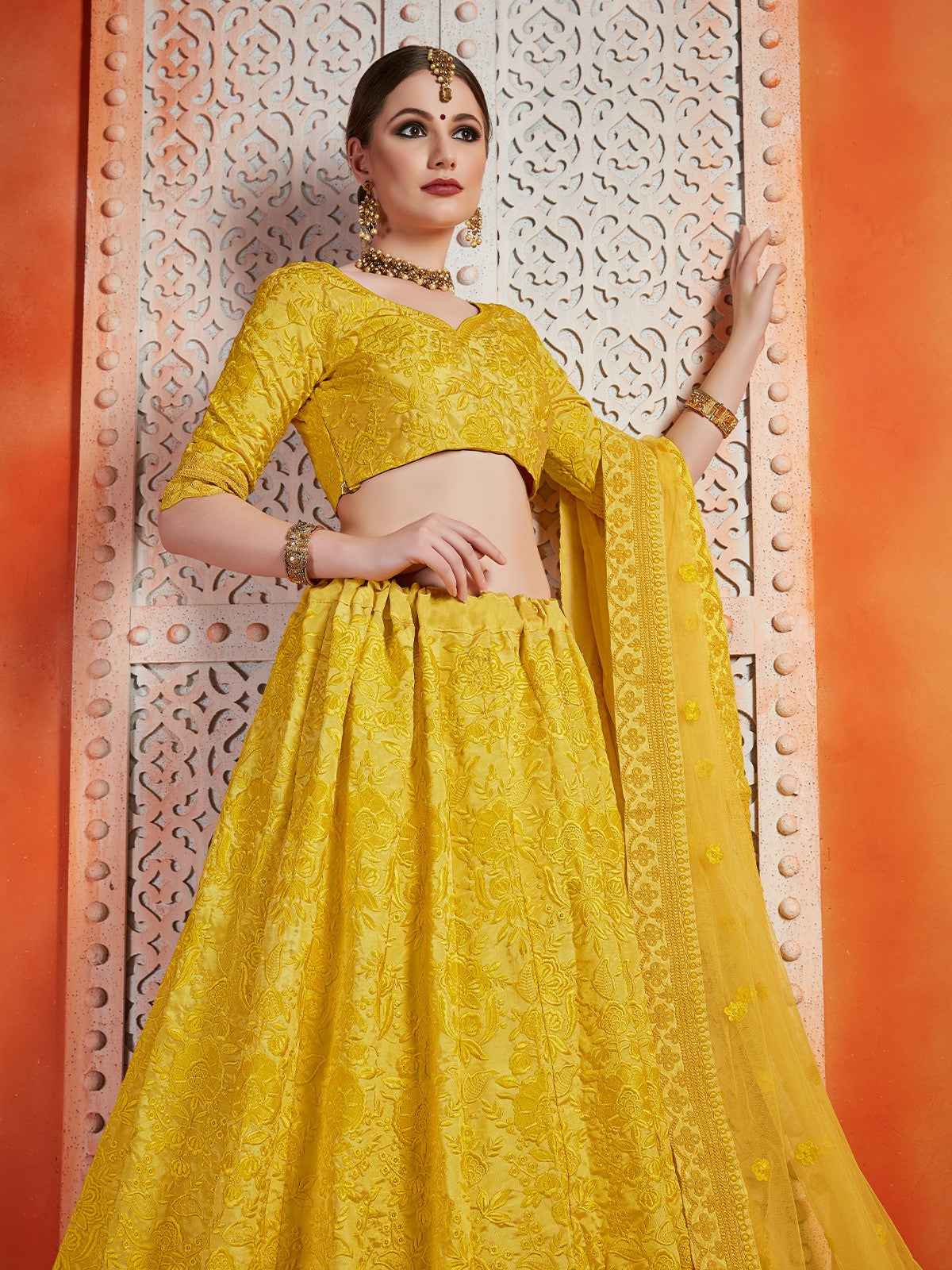 Designer Yellow Art Silk Semi Stitched Lehenga With Unstitched Blouse