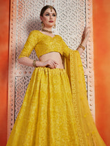 Designer Yellow Art Silk Semi Stitched Lehenga With Unstitched Blouse