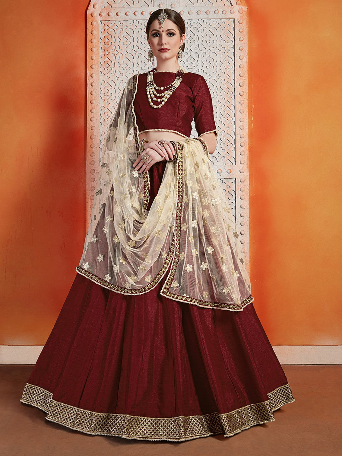 Soft Net Maroon Semi Stitched Lehenga With Unstitched Blouse
