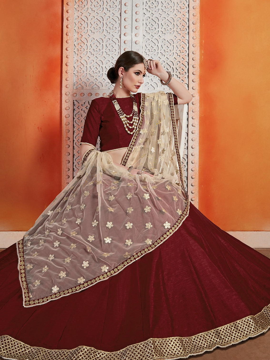 Soft Net Maroon Semi Stitched Lehenga With Unstitched Blouse