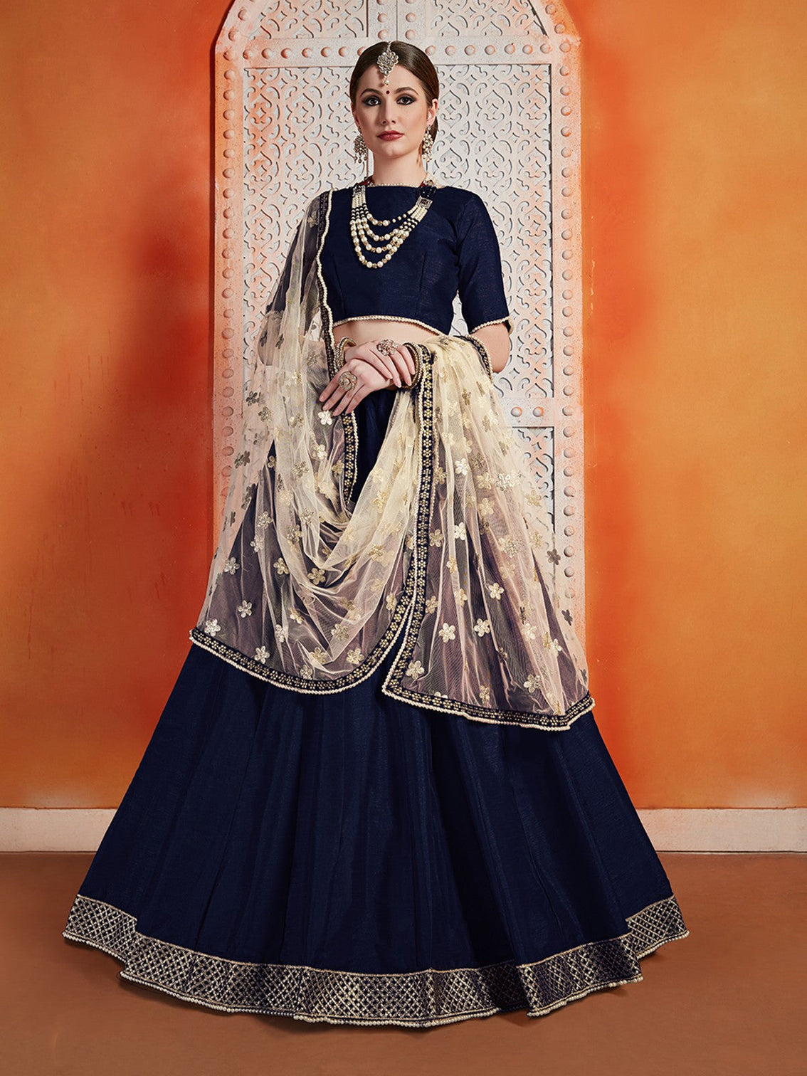 Designer Dark Blue Semi Stitched Lehenga With Unstitched Blouse