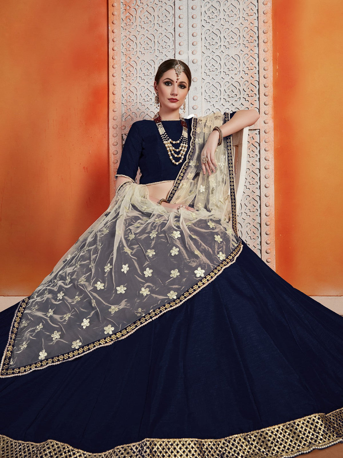 Designer Dark Blue Semi Stitched Lehenga With Unstitched Blouse