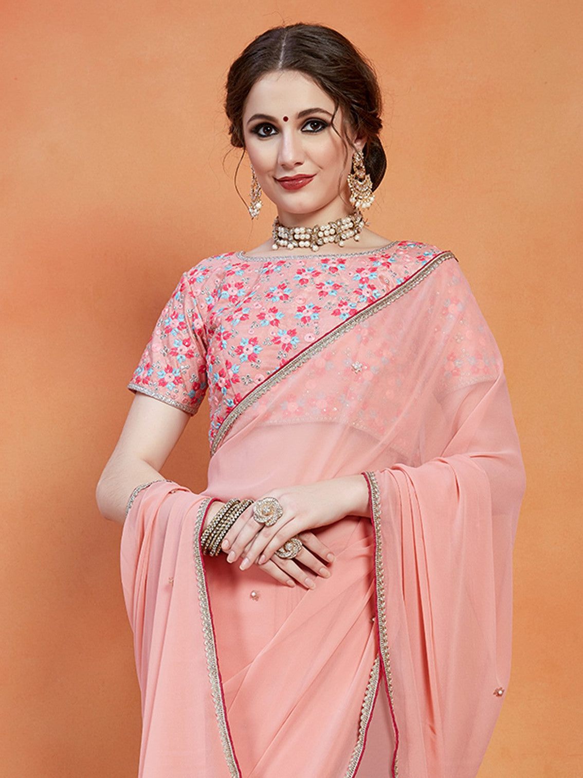 Peach Georgette Saree With Unstitched Blouse