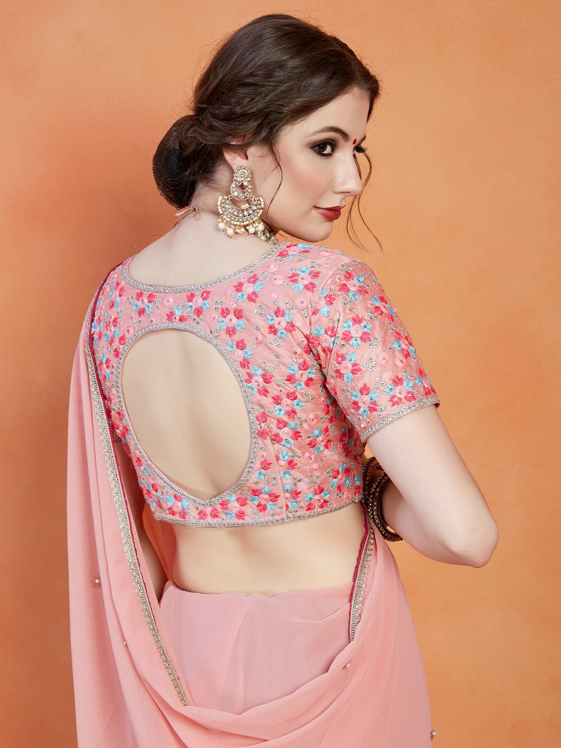 Peach Georgette Saree With Unstitched Blouse