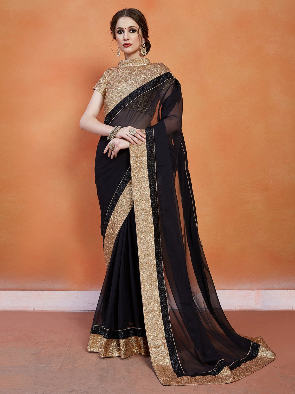 Black Georgette Saree With Unstitched Blouse