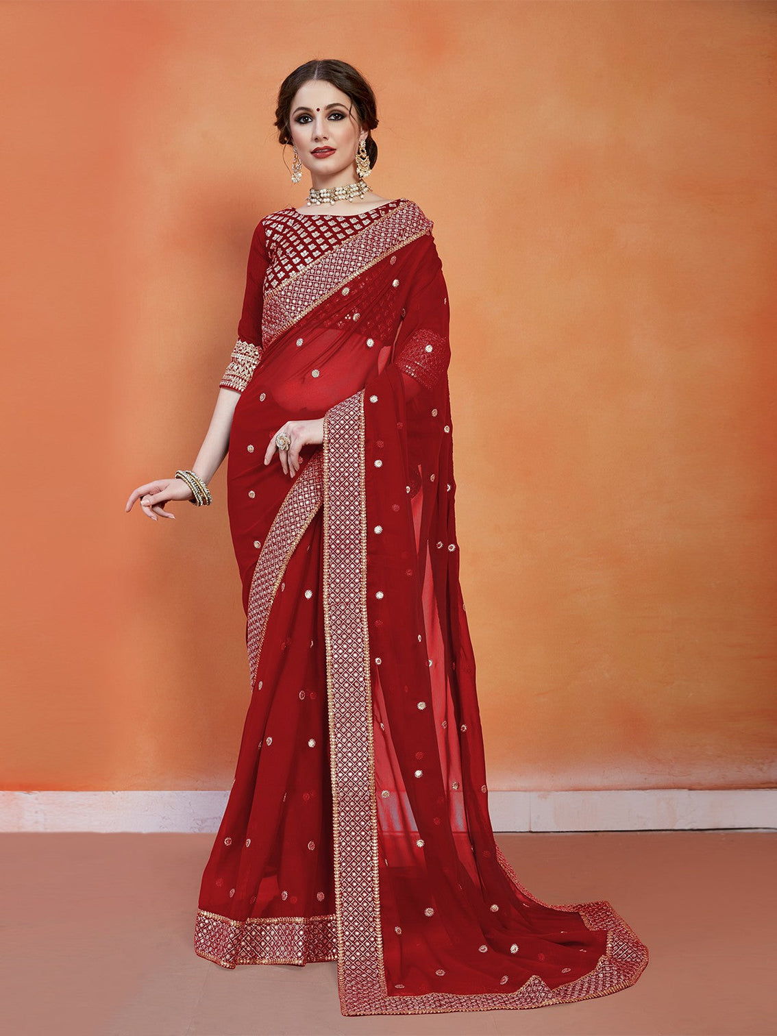 Maroon Georgette Saree With Unstitched Blouse