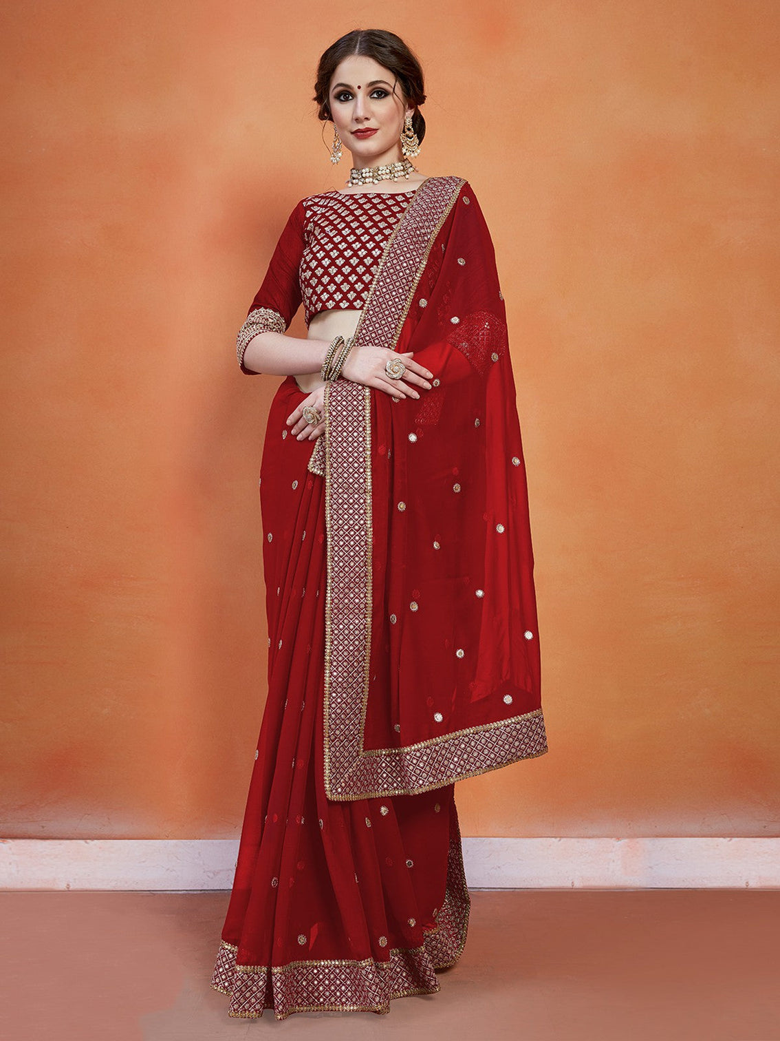 Maroon Georgette Saree With Unstitched Blouse
