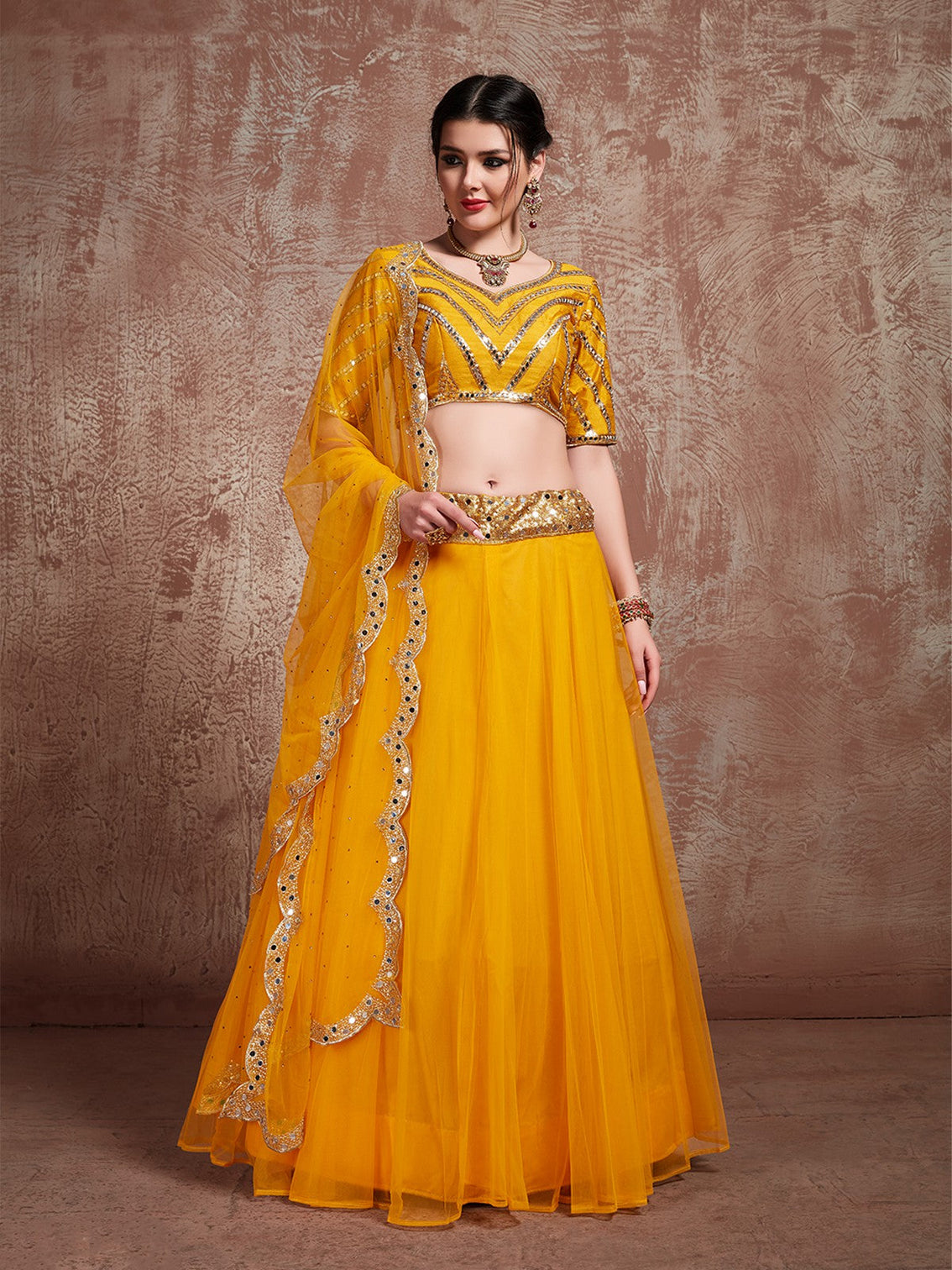 Mustard Art Silk And Soft Net Semi Stitched Lehenga With Stitched Blouse