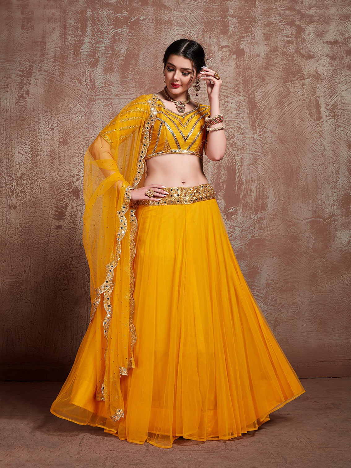 Mustard Art Silk And Soft Net Semi Stitched Lehenga With Stitched Blouse