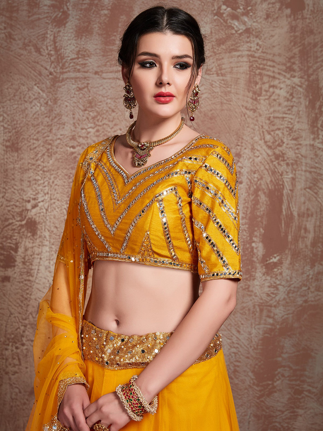 Mustard Art Silk And Soft Net Semi Stitched Lehenga With Stitched Blouse