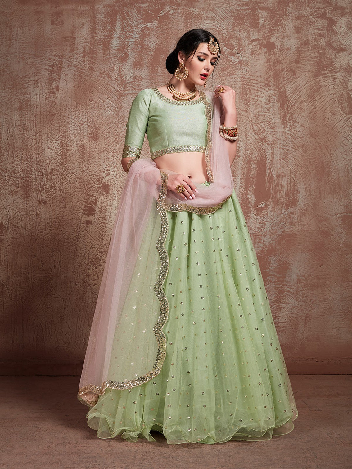Green Sequins Sassy Semi Stitched Lehenga With Unstitched Blouse