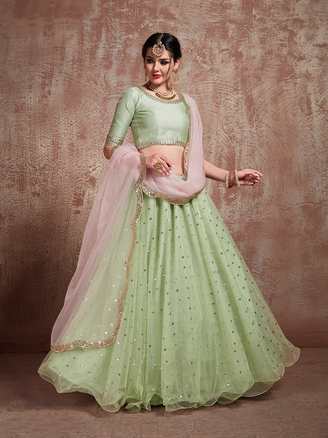 Green Sequins Sassy Semi Stitched Lehenga With Unstitched Blouse