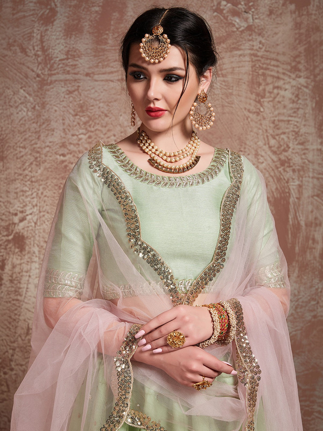 Green Sequins Sassy Semi Stitched Lehenga With Unstitched Blouse